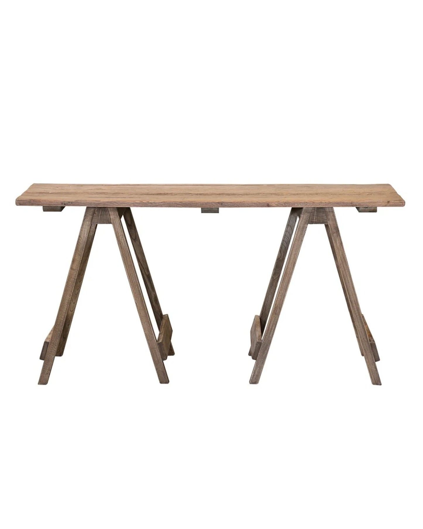 The ITALIA RIVIERA TRESTLE TABLE DESK by CC Interiors showcases a long, rectangular wooden top supported by two A-frame legs. Its rustic finish and straightforward design capture the essence of Italian style, combined with Mediterranean charm and a minimalist aesthetic.