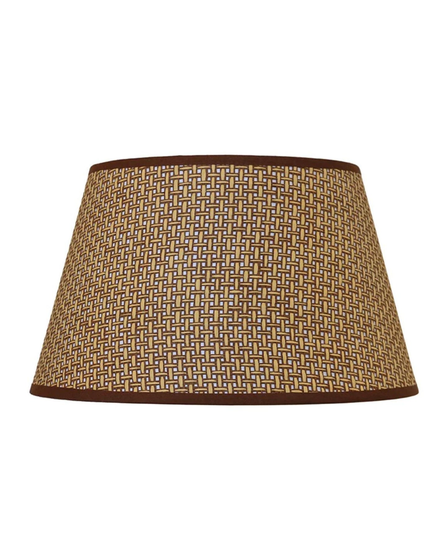 The IVORY & LINSEED TAPERED DRUM 36CM SHADE by CC Interiors showcases a geometric woven pattern in brown and gold, easily complementing a neutral color scheme. Its wide base and narrower top create a classic trapezoidal silhouette that provides diffused lighting.