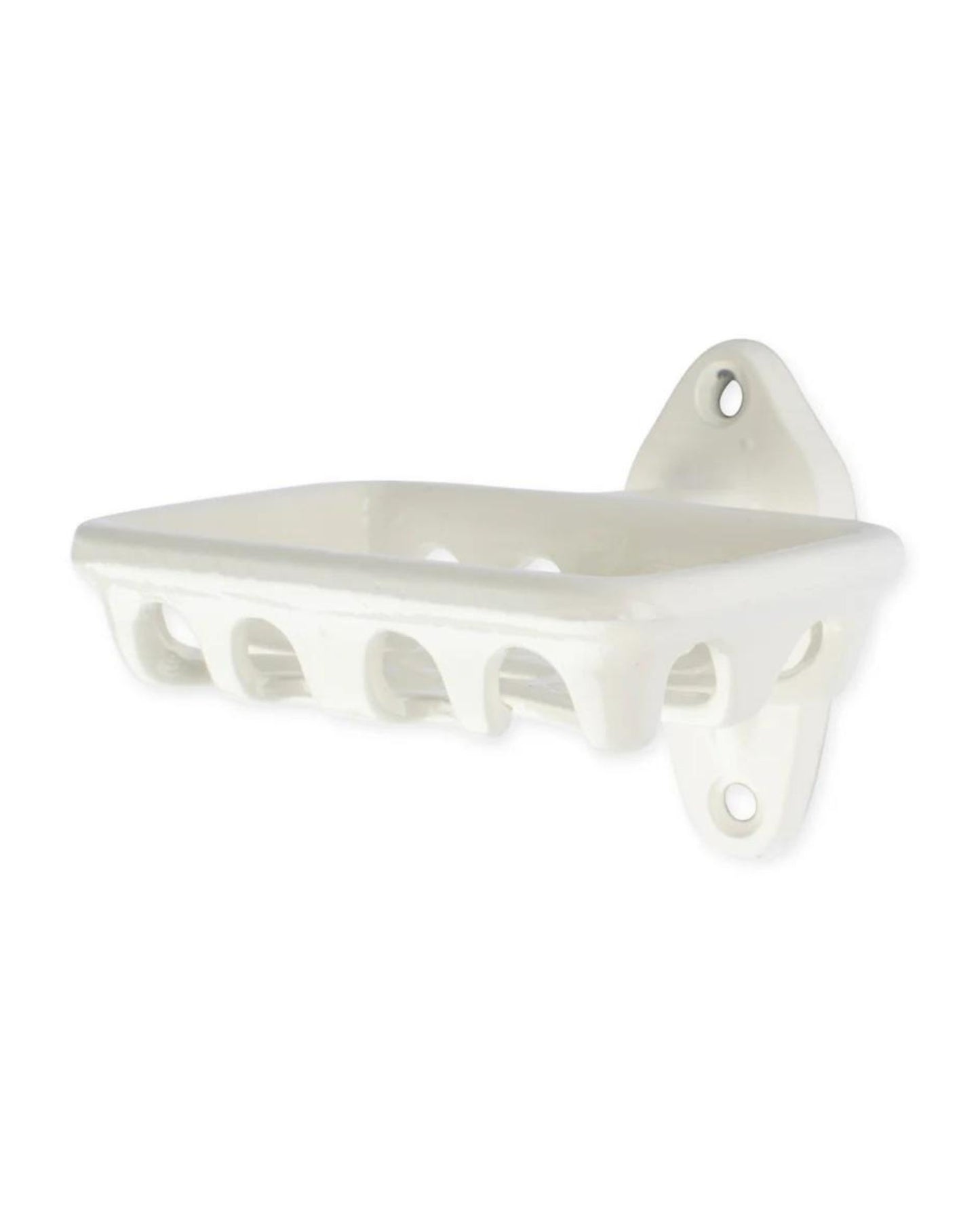 The Lafayette Soap Holder by Society Ink is a stylish, white ceramic rectangular accessory for any bathroom, featuring five drainage holes and two mounting holes for secure wall attachment.