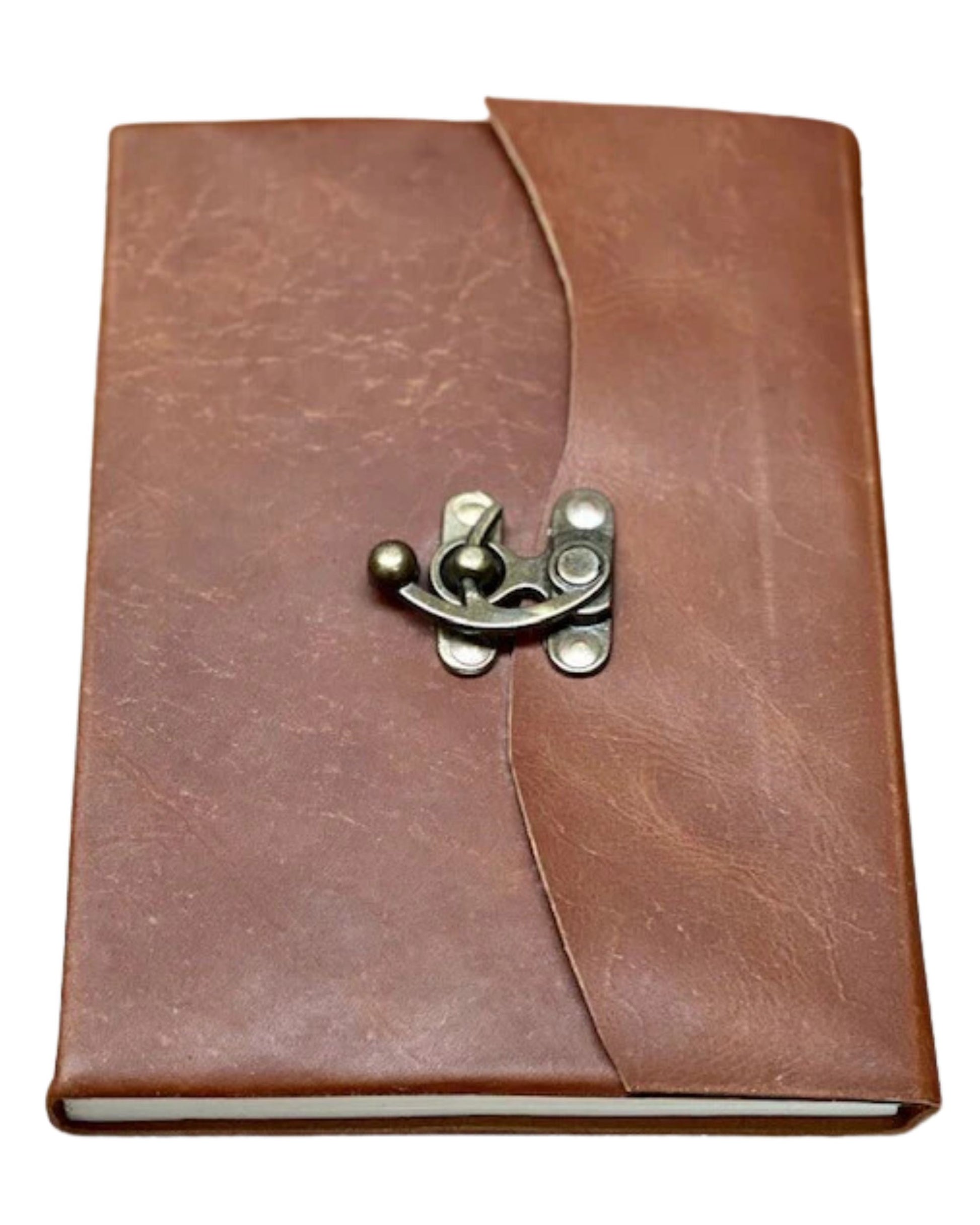 The Mandala LEATHER JOURNAL features a vintage-style design with a closed brown leather cover and a metal clasp, providing an elegant and rustic appearance. Its slightly textured finish enhances its classic charm, while the unlined pages inside encourage free-flowing thoughts and ideas.