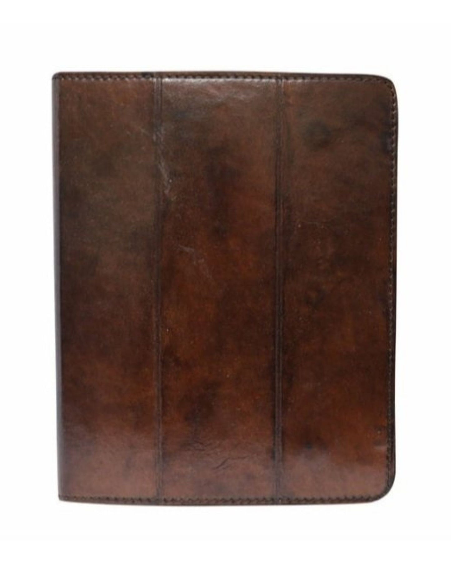 The LEATHER IPAD CASE by The Workroom is a square brown leather binder featuring a smooth, polished finish and exposed stitching along the edges. Displayed against a white background, it highlights its refined craftsmanship.