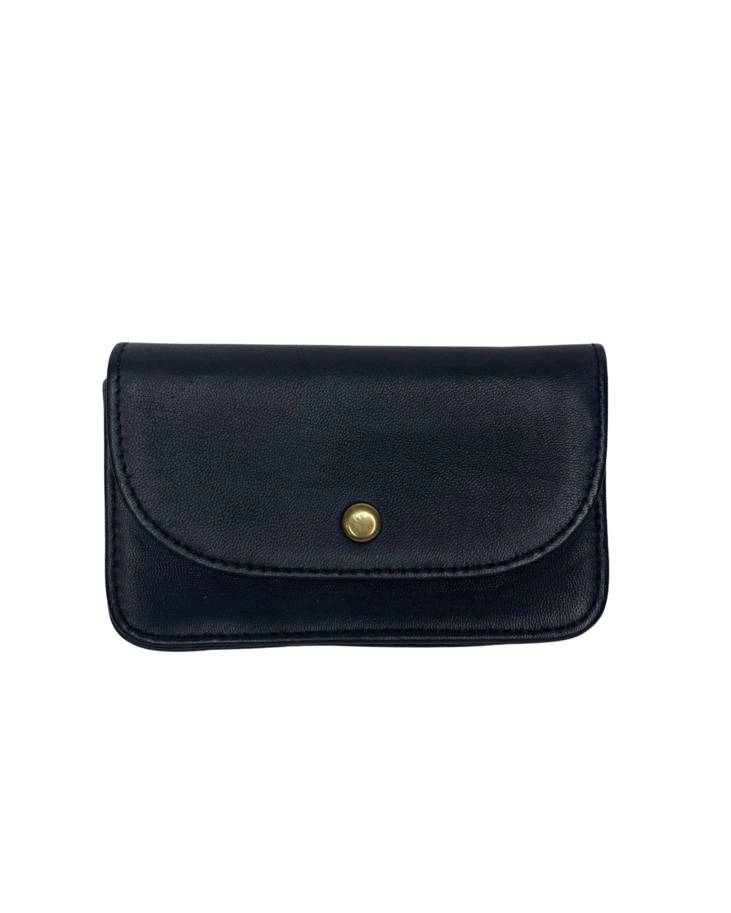 Crafted by The Workroom, the WORKROOM LEATHER PURSE is an elegant black leather accessory that features a timeless design with a flap and brass button closure against a pristine white background.