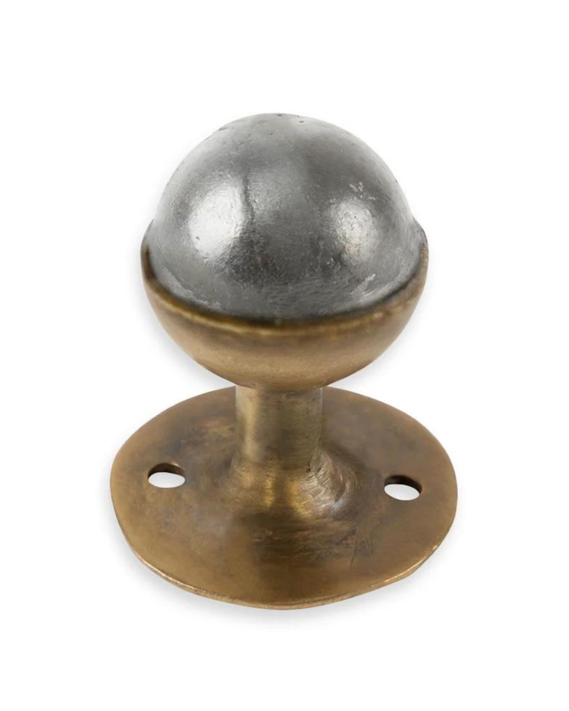 This Lure Drawer Knob/Wall Hook by Society Ink, designed in Australia, is crafted from vintage brass and steel and features a round base with two screw holes for mounting.