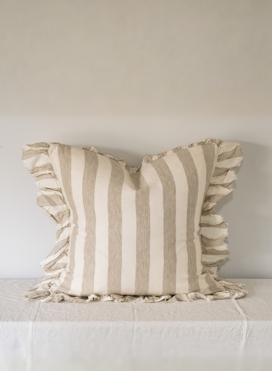 LE LIN - RUFFLE EDGE EURO PILLOW CASE SET - WIDE NATURAL STRIPE
