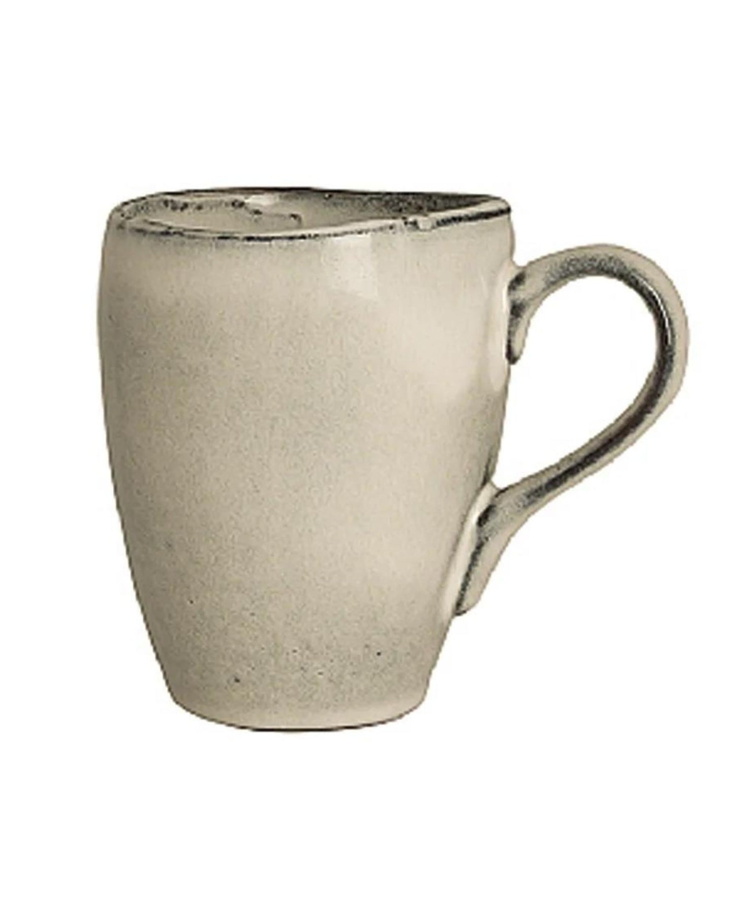 Introducing the MUG W/HANDLE by Broste, a rustic and high-quality ceramic piece with an ergonomic handle. It features a textured matte finish in light beige, and its slightly tapered shape along with a raw, handmade appearance make it both functional and stylish.