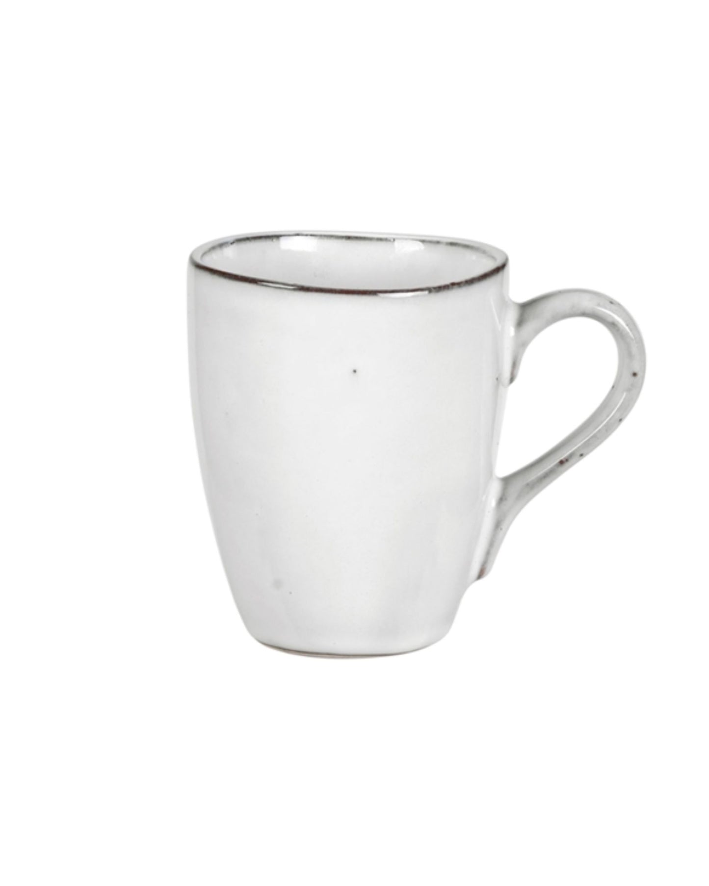 The TEACUP W/HANDLE by Broste exudes Scandinavian charm with its white ceramic finish, slightly textured surface, and simple, rounded handle. The rim features a thin, dark accent line that provides contrast to its minimalist design. Set against a plain white background, this piece captures timeless elegance.