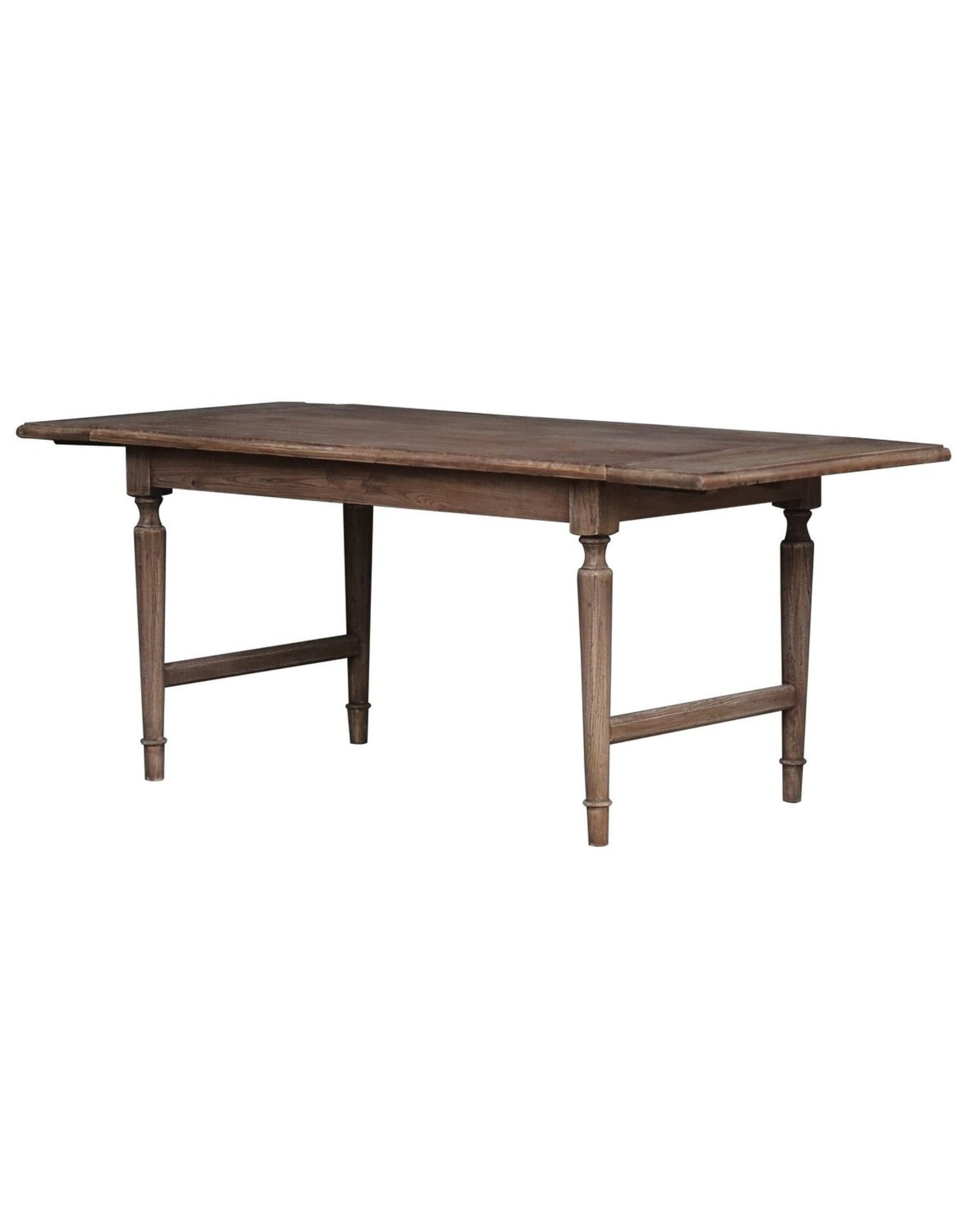 Presenting the OLD ELM EXTENSION TABLE by Rembrandt, a rustic wooden dining table featuring a rectangular top and four tapered legs. It is perfect for family gatherings, beautifully showcasing a natural wood grain finish.