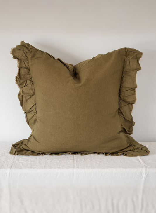 LE LIN - RUFFLE EDGE EURO PILLOW CASE SET - OLIVE
