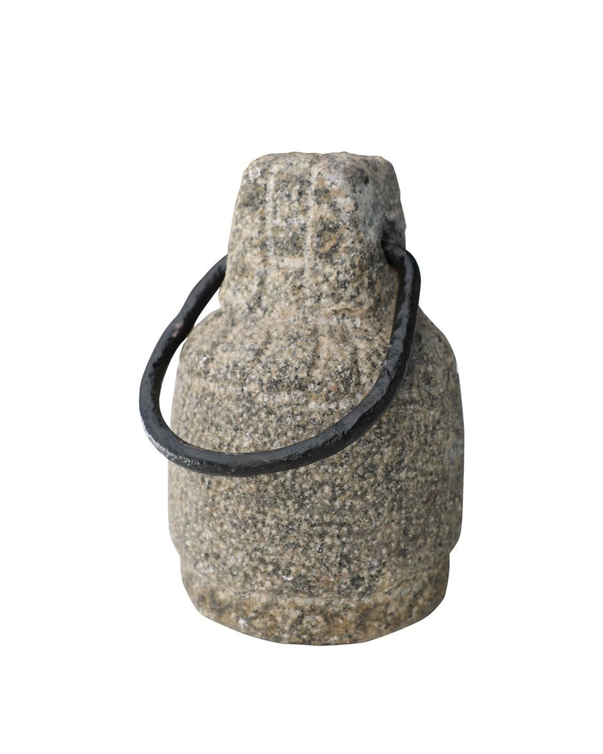 The ORIGINAL STONE DOOR STOP by Hawthorne, featuring a smooth, weathered surface and an iron ring handle, acts as a stunning decorative piece for door stops. Hand-crafted with rustic charm, it sits gracefully on a plain white background.