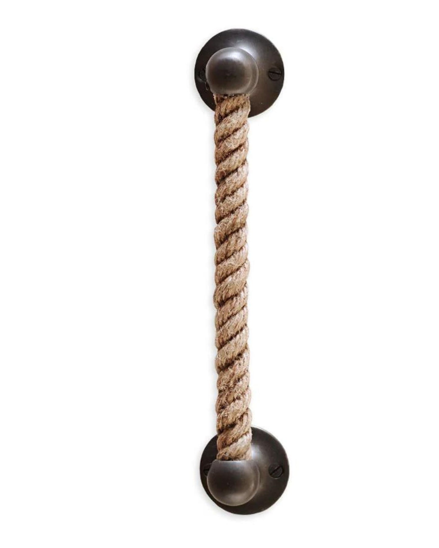 The Society Ink Rogue Rope Drawer Pull features a vertical rustic design with thick jute rope, artfully twisted and attached to two round, dark metal fixtures at each end. The natural tan color of the rope and the circular metal components perfectly complement its nautical vintage aesthetic.