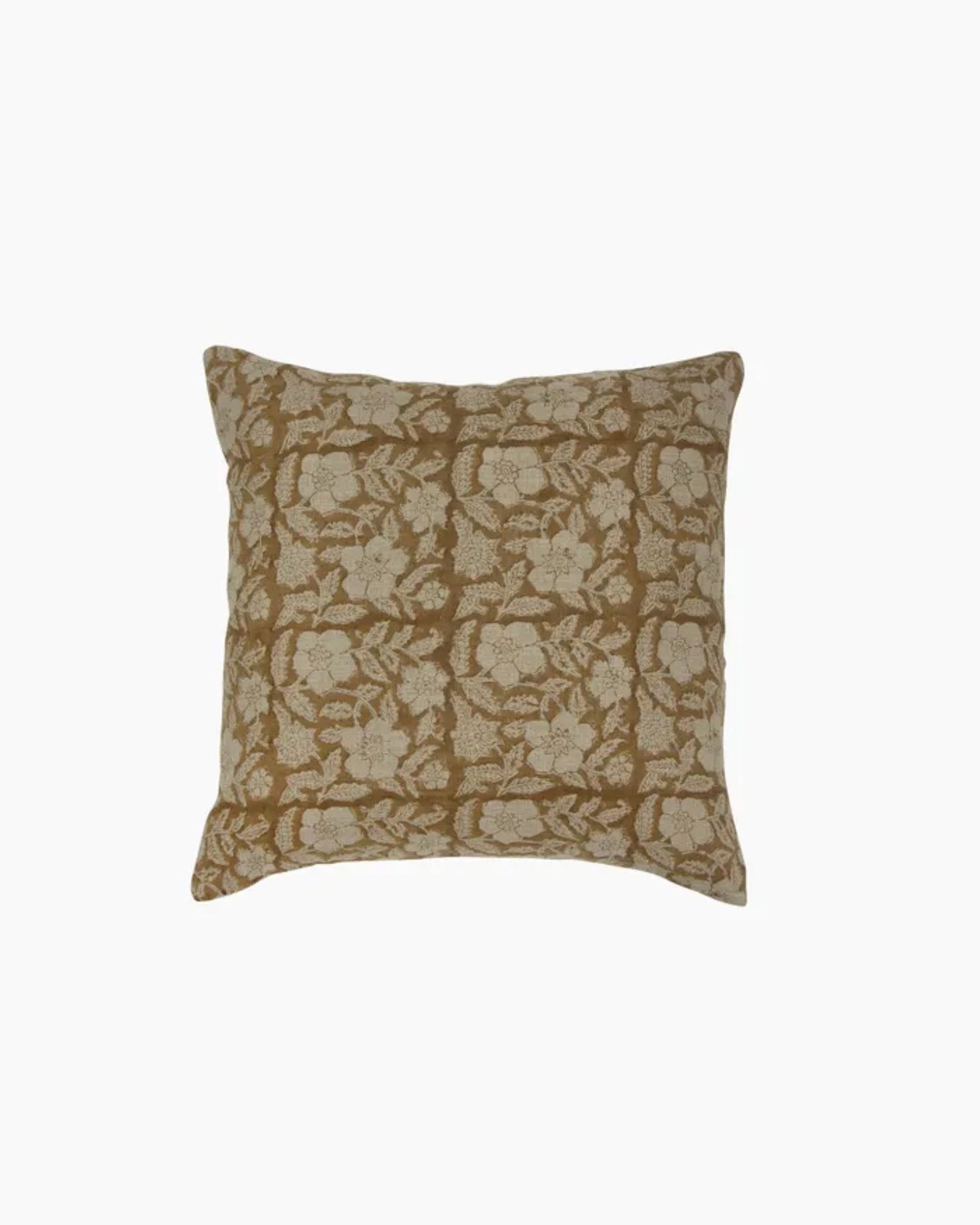 Introducing the SALTA FLORAL MARIGOLD CUSHION COVER by French Country — a beautifully crafted cushion cover featuring a beige and brown floral pattern on a pristine white background. The exquisite design of flowers and leaves imparts a classic, elegant charm to the soft linen, making it an enduring addition to your décor.