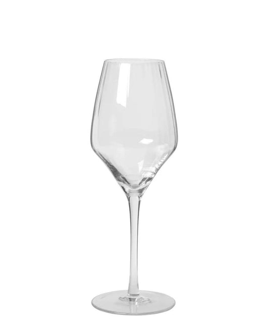 The Broste SANDVIG WHITE WINE GLASS showcases Nordic design simplicity with its slender stem and tulip-shaped bowl, beautifully captured against a plain white background.