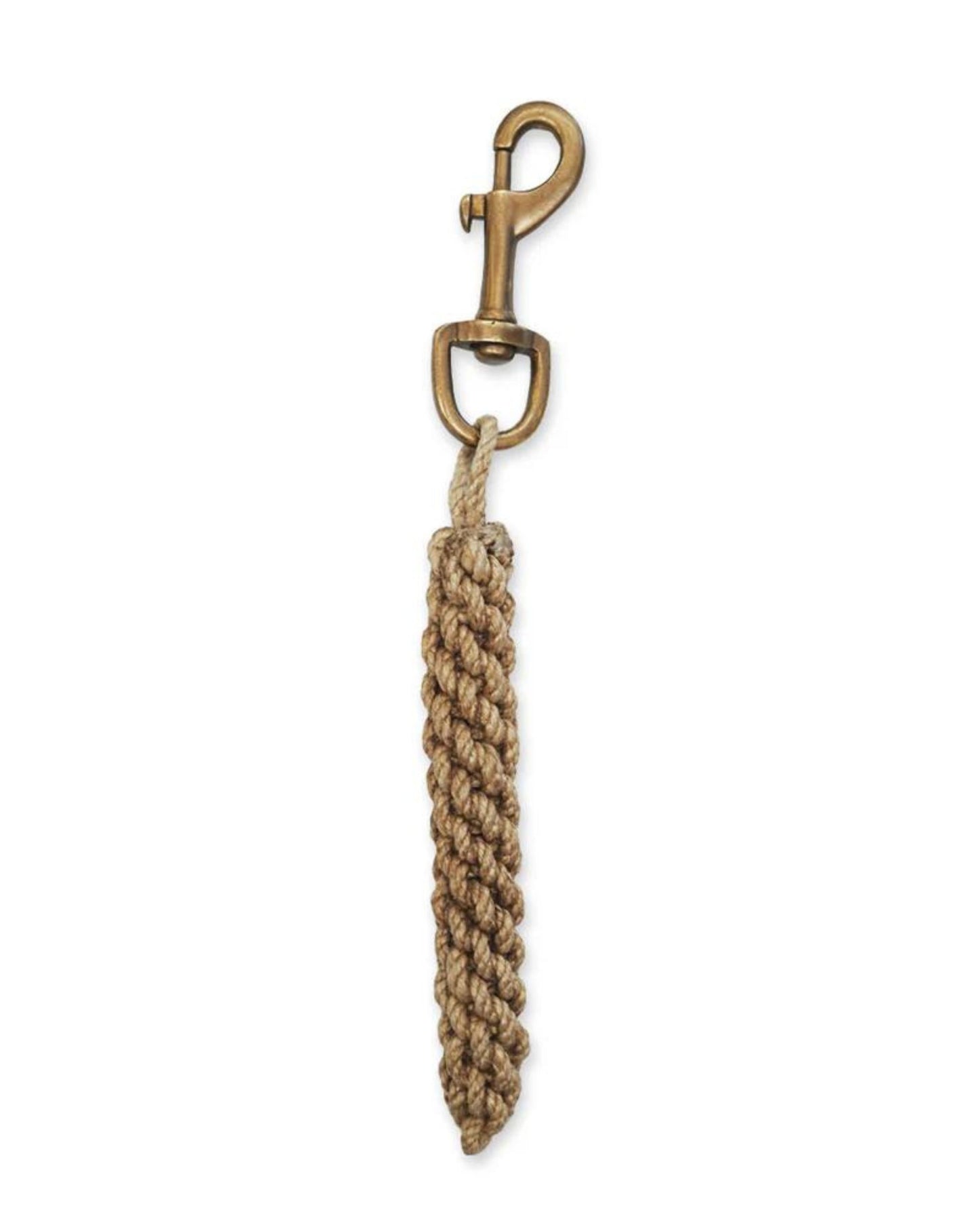 The SHIPSHAPE FENDER KEYRING by Society Ink features a brass clip attached to a short section of coiled rope, making it ideal for securing room keys or other small items. The rope is crafted from tightly wound natural fibers for durability, and the clip's swivel mechanism ensures easy attachment.