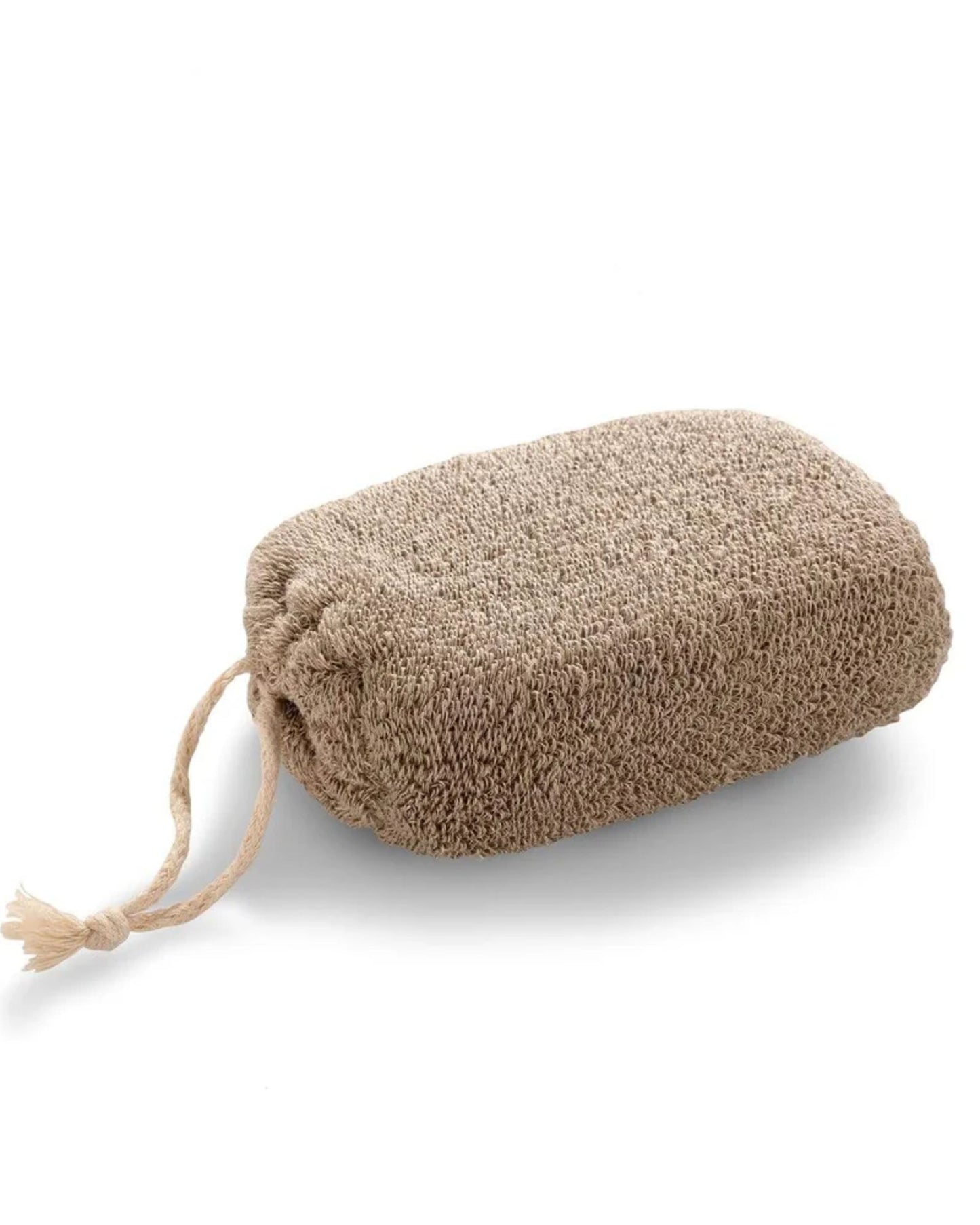 Introducing the SIENA ECRU BATH SPONGE by Saison: a textured, rectangular bath sponge made from ramie fiber, featuring a rough, brown surface and equipped with a looped string at one end. This absorbent bath sponge effortlessly creates a rich cleansing lather for an invigorating experience.