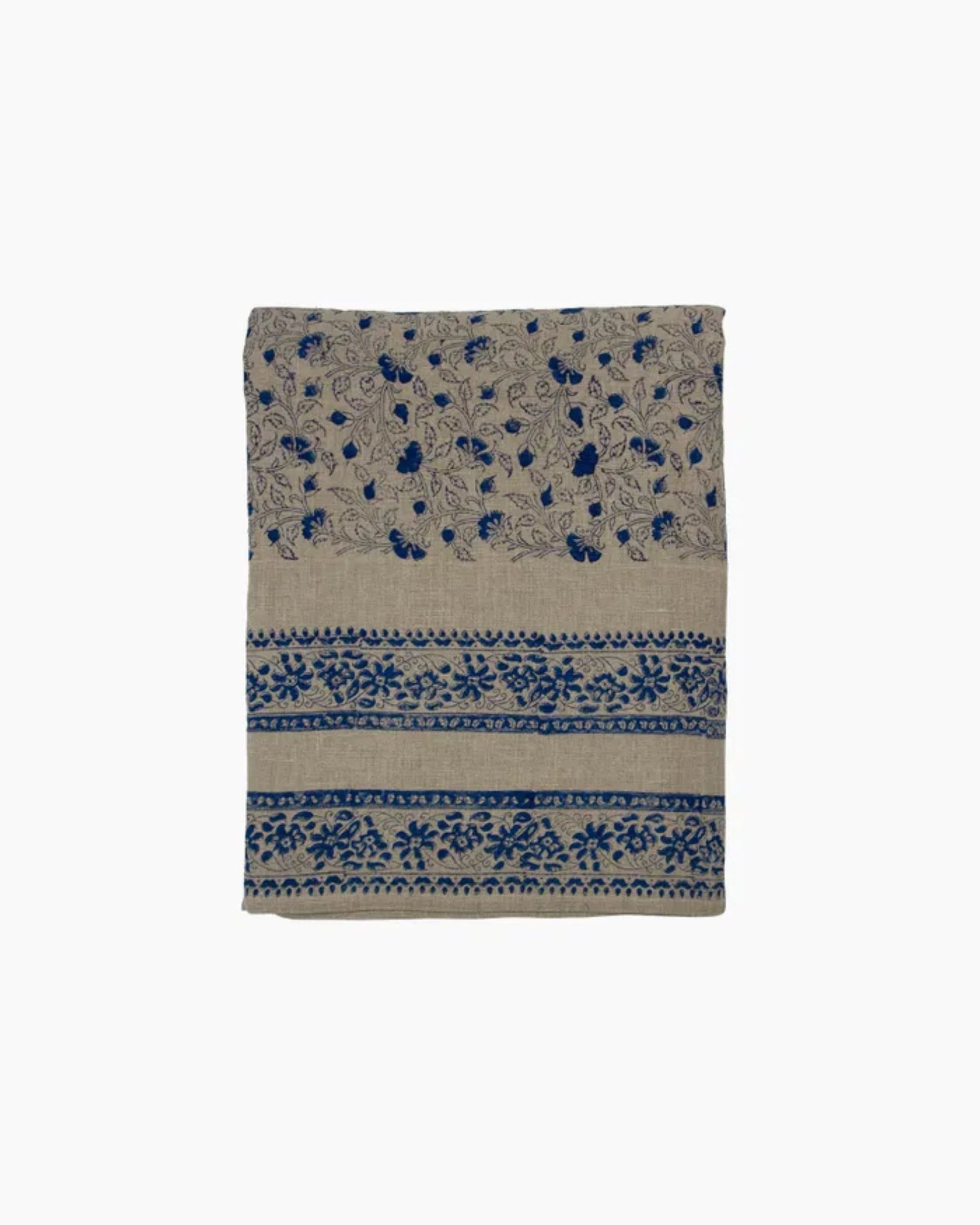 The SOFIA FLORAL AZURE TABLECLOTH by French Country features a soft linen texture in beige and blue, adorned with intricate floral details and captivating geometric patterns.