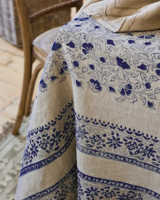 SOFIA HANDBLOCKED TABLECLOTH - FLORAL AZURE PRINT