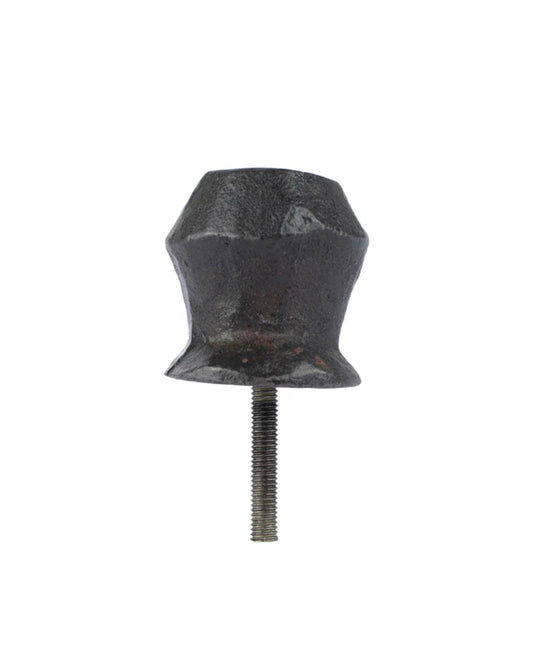 A THORNBILL DRAWER KNOB by Society Ink, featuring a hexagonal black metal design with a smooth, rounded top and a threaded screw at the bottom, evocative of artisanal craftsmanship by skilled blacksmiths, presented against a white background.