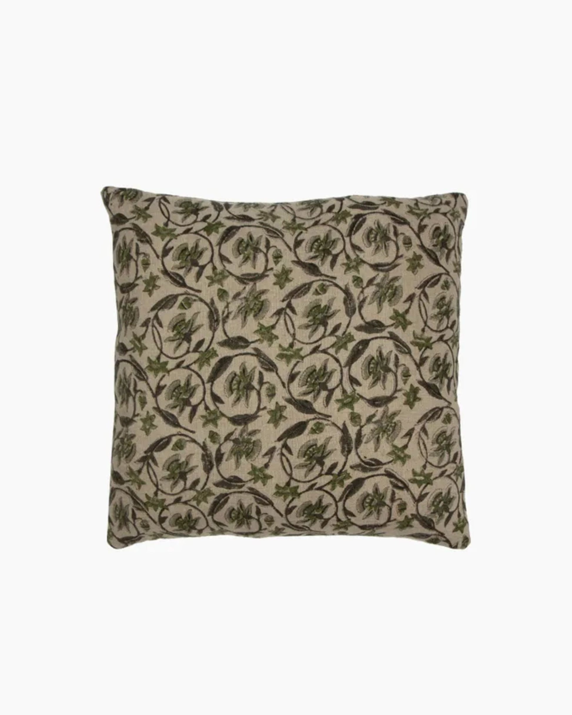 Discover the VITTORIA FLORAL CUSHION COVER by French Country, a delicate linen square design with a beige backdrop and an intricate green leaf and vine pattern, ideal for infusing your home decor with elegance.