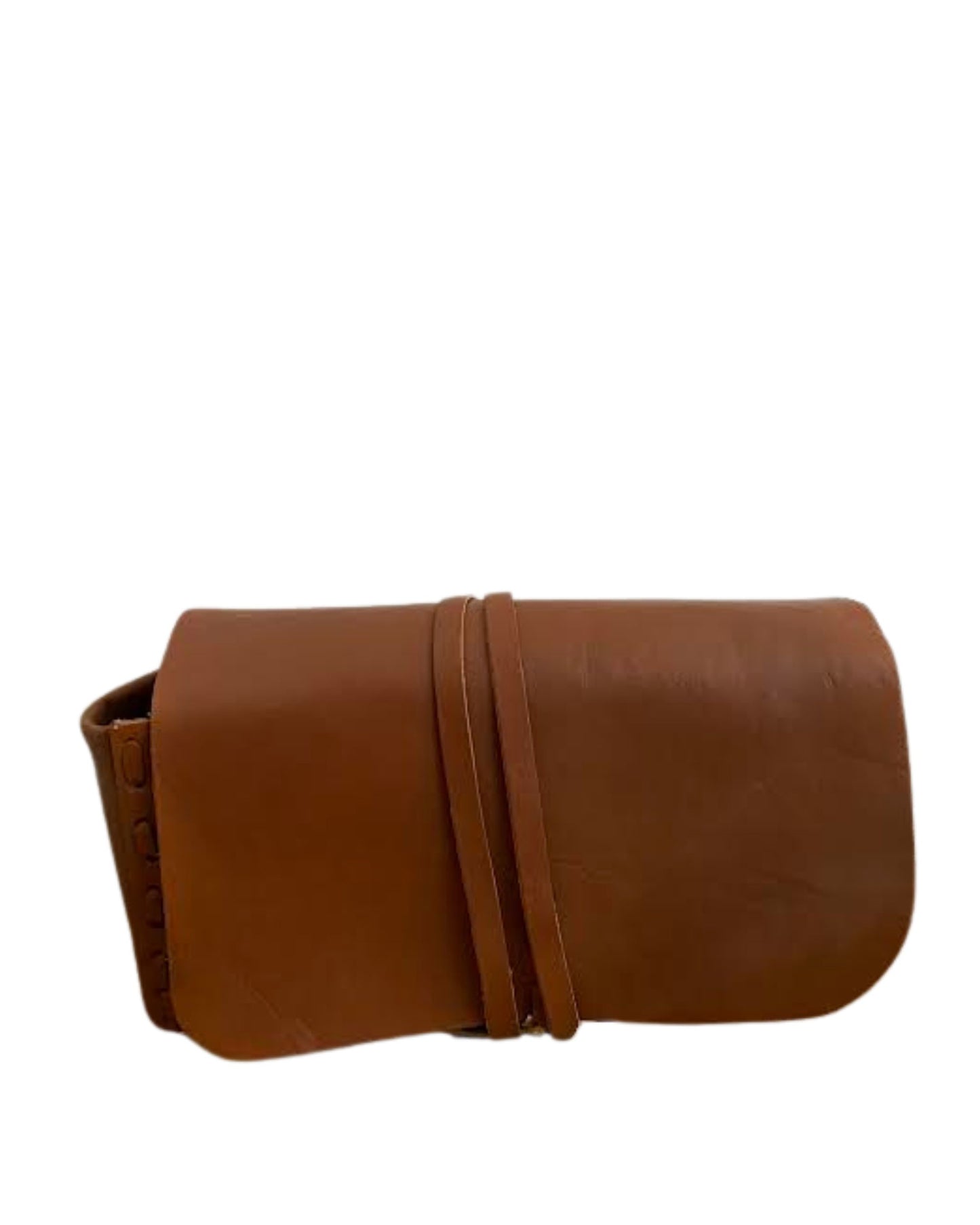 The LEATHER WRAP COSMETIC BAG by The Workroom is a brown leather clutch with a smooth surface and sleek design. It features a matching leather strap wrapped around it and a convenient tie-up closure, ideal for carrying your beauty essentials.