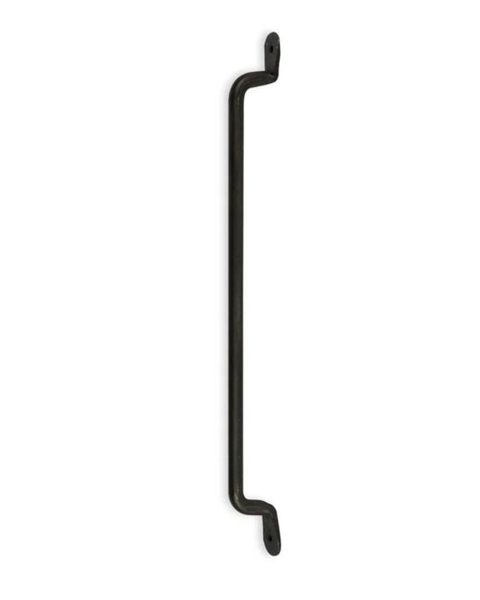 The YAR PULL by Society Ink is a sleek metal handle with a minimalist design in black, echoing the refined aesthetic of a boat. It features two vertically aligned mounting holes on each end, set against a pristine white background.